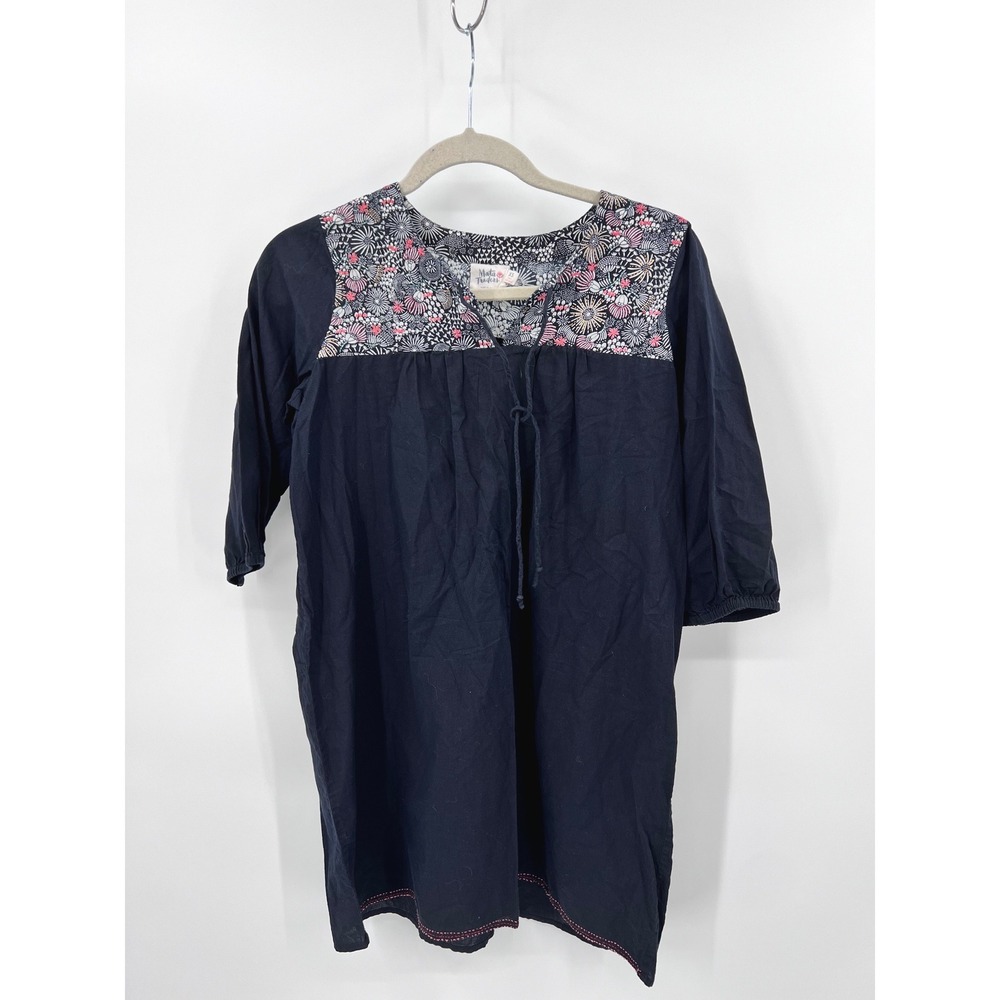 Mata Traders XS Black Cotton Floral Block Print Yoke Tunic Dress 3/4 Sleeve Boho